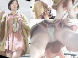 顔出し・極上超美人お姉さん×白バックレース縁取り＆フロント刺繍薄生地P・直下モロ×ピンク水玉ミニワンピ
