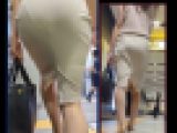 PラインクッキリのベージュタイトスカートOLを追跡！
